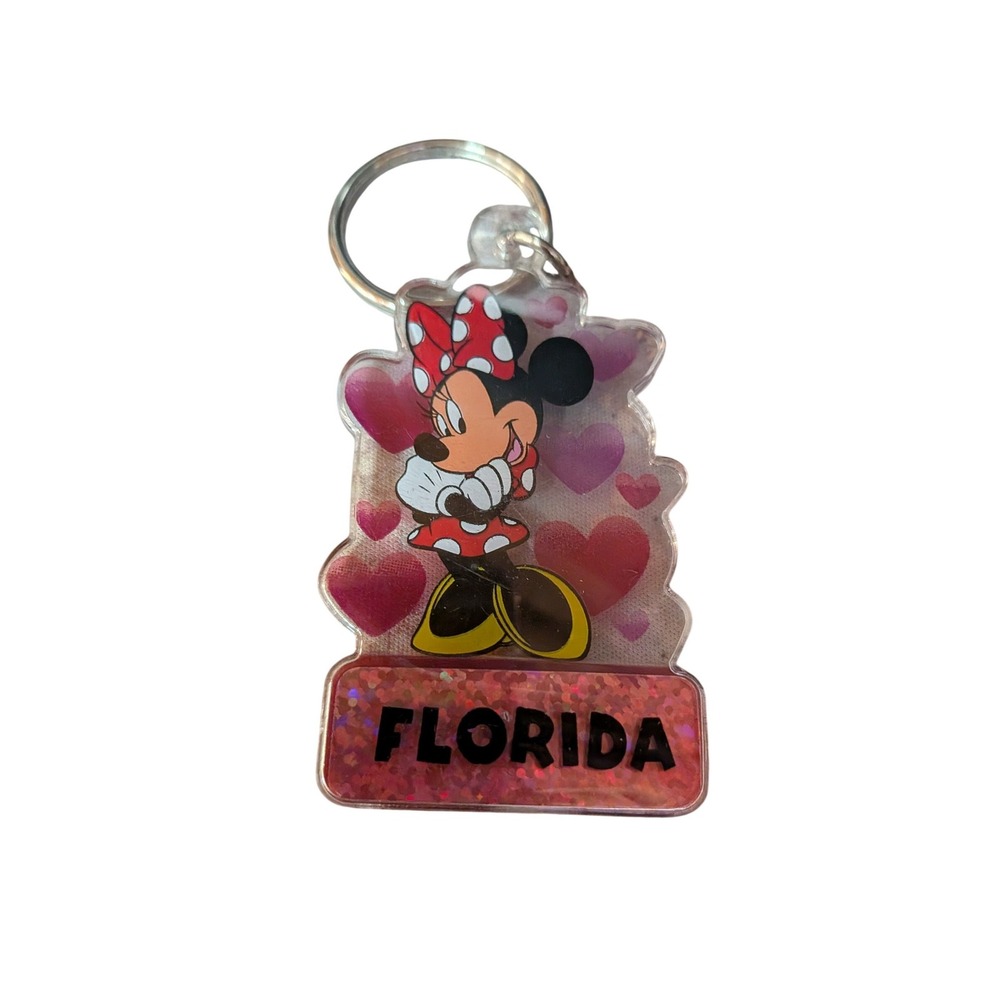 Vintage Disney Minnie Mouse Florida Keychain Pink Glitter Hearts Souvenir